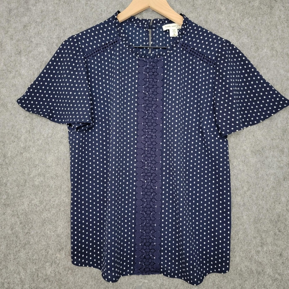 Faith and Joy Shirt Womens S Navy Blue White Dot Crochet Trim Blouse Top